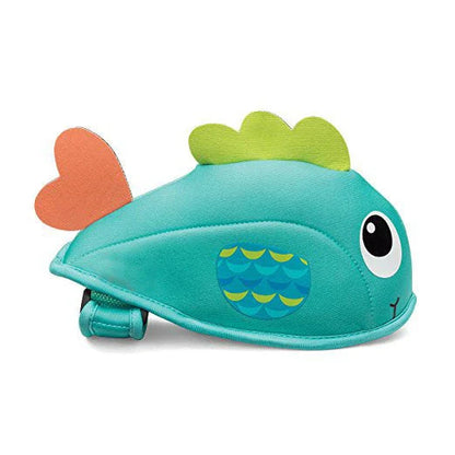 Soft, water-resistant cloth bath faucet cover in a whale design to protect baby's head during bath time