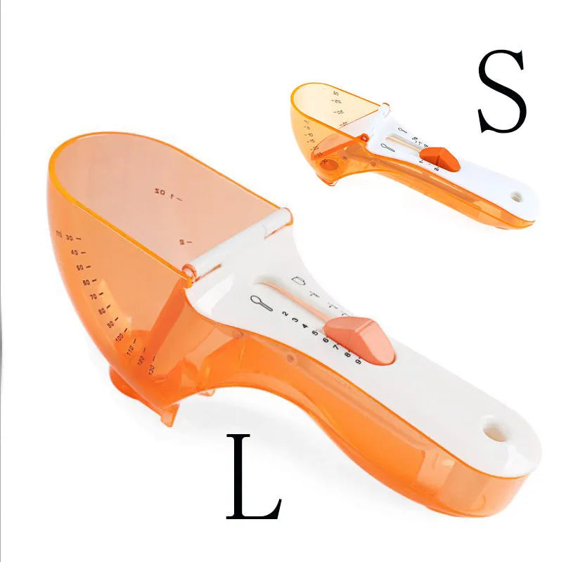 Orange and blue digital measuring spoon set showing measurement units and ergonomic handle.