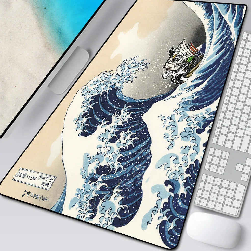 Natural rubber computer mouse pad with printed cloth surface and overlock stitching in multiple size options