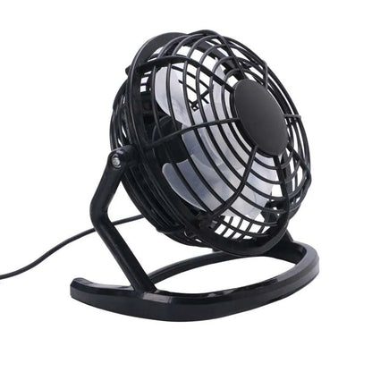 Black mini USB fan with adjustable angle mechanism and 96mm blades on desk