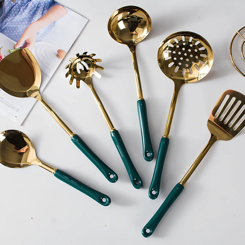 16-piece porcelain dinnerware set with stainless steel cutlery in blue and green options