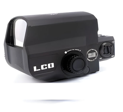 LCO tactical red dot sight with 20mm rail mount on a black background.