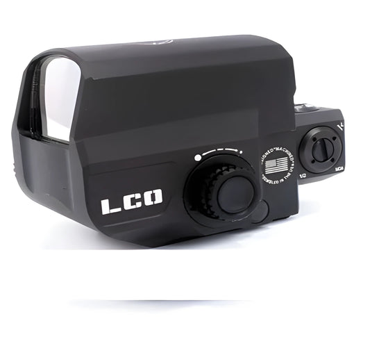 LCO tactical red dot sight with 20mm rail mount on a black background.