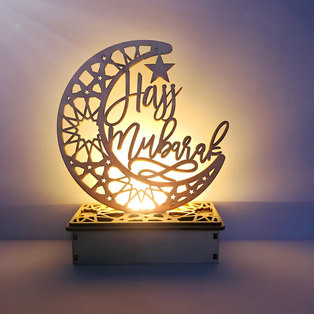Wooden DIY Islamic palace LED decoration with laser-cut Eid Mubarak pattern, battery-operated lighting, 15cm height