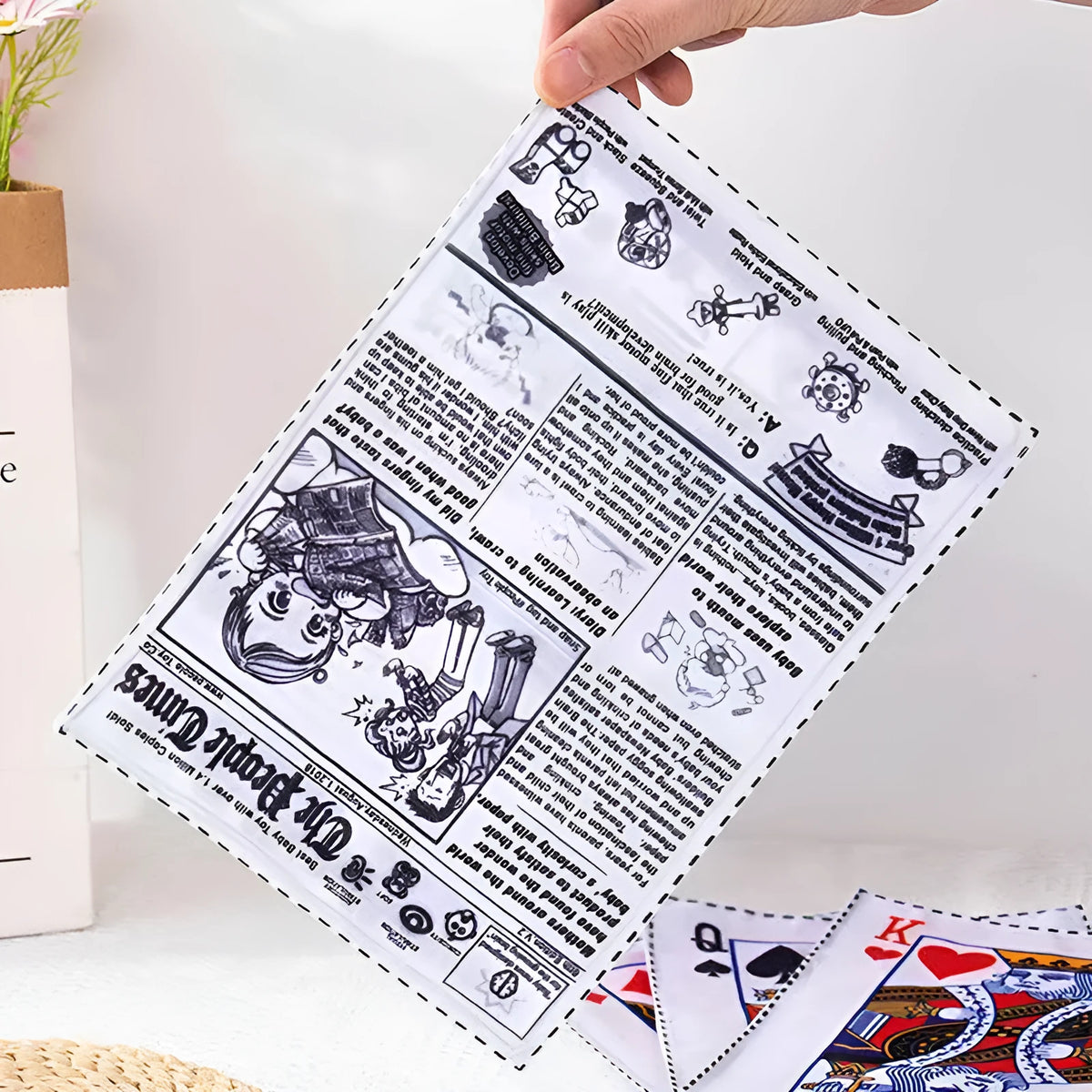 Tearproof squeaking dog toy with printed newspaper and playing card designs