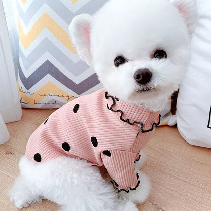 Polka dot turtleneck dog shirt in cotton, available in yellow, pink, and green