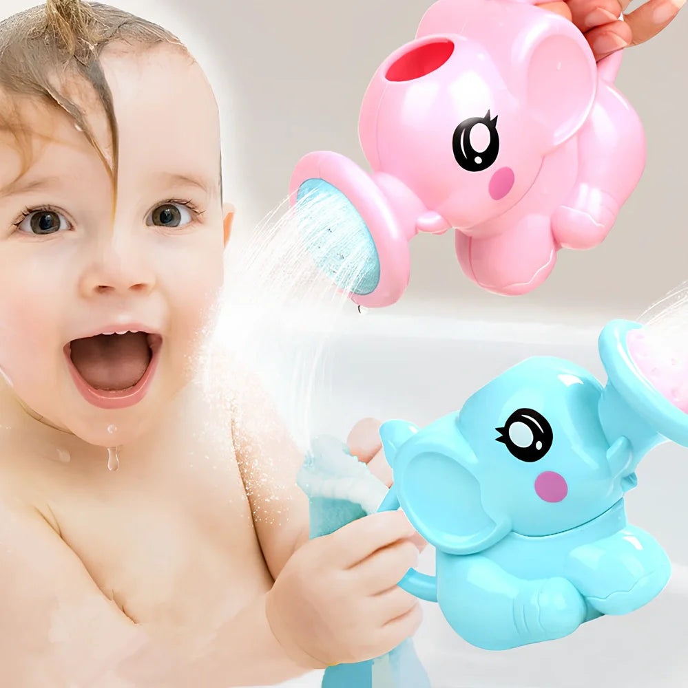 Blue plastic elephant water spray toy, 14.5cm long with handle for baby bath rinsing, smooth surface and mesh storage bag