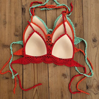 Boho crochet bra in various colors with backless design and chest pad