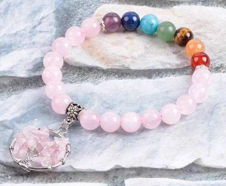 Crystal beaded bracelet with seven chakras or powder crystal options, 8mm beads, 18.8 cm length
