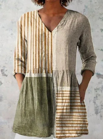 Women's printed wave loose dress with wide waist design and 3/4 sleeves in one of seven style options