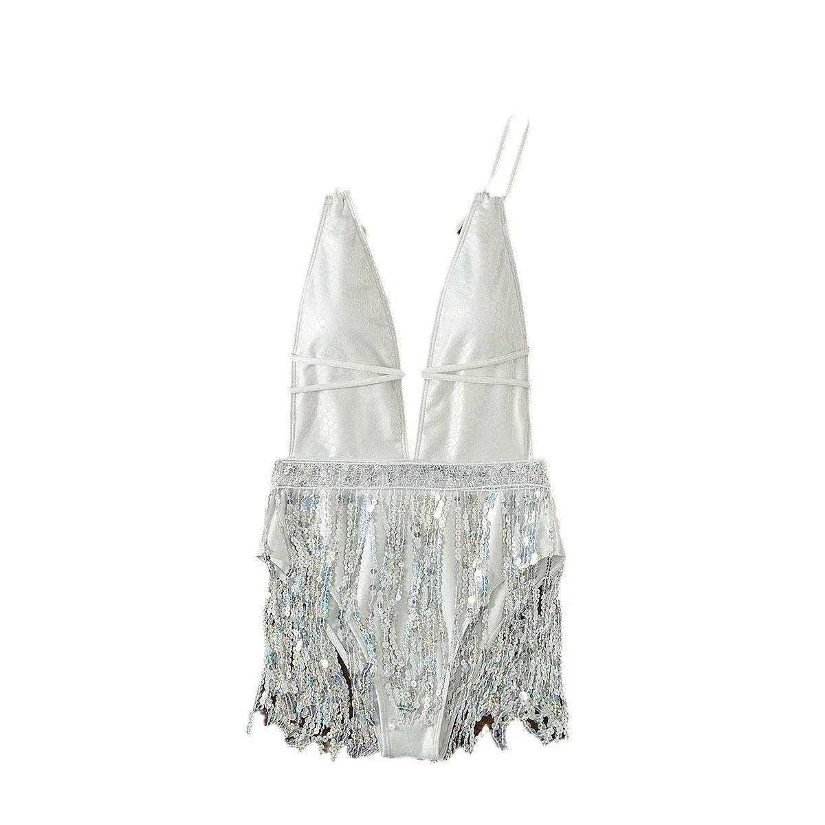 White one-piece swimsuit with deep V-neck and tassel detail, sleeveless brief style.