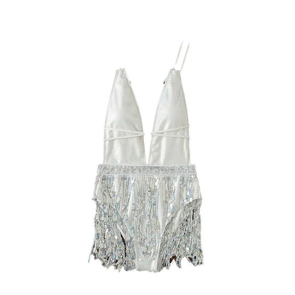 White one-piece swimsuit with deep V-neck and tassel detail, sleeveless brief style.