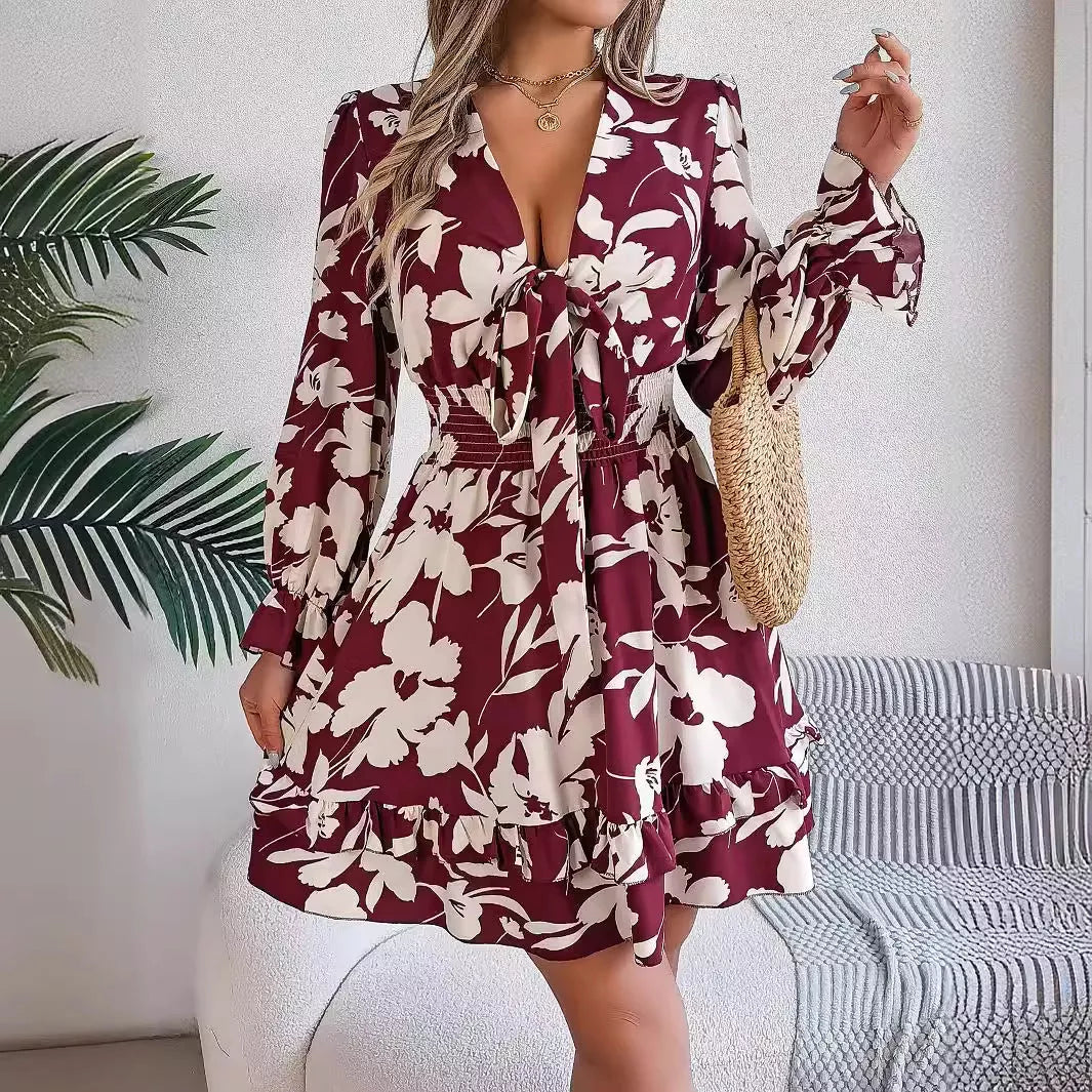 Floral printed V-neck long sleeve chiffon dress with ruffles and bowknot