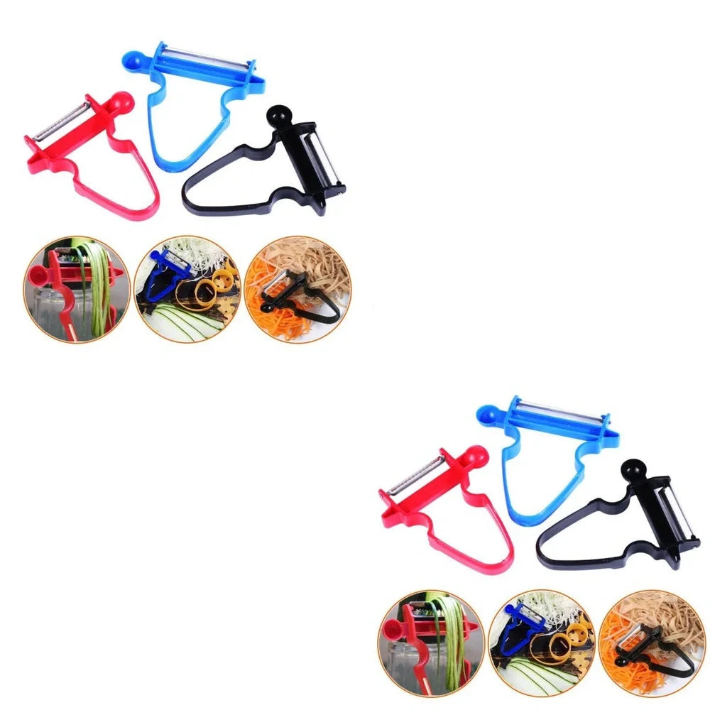 Stainless steel vegetable peeler set with black, blue, red handles and dual swivel blades
