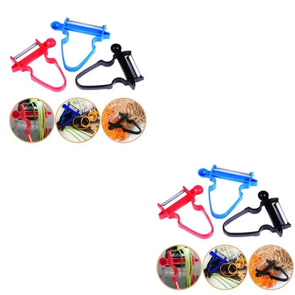 Stainless steel vegetable peeler set with black, blue, red handles and dual swivel blades