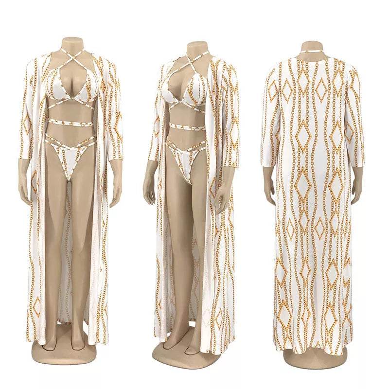 Three-piece European-American bikini swimsuit in white, perfect for beach outings