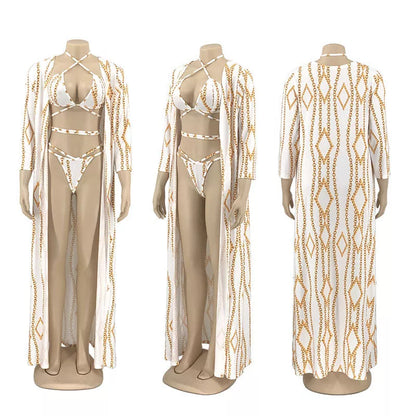 Three-piece European-American bikini swimsuit in white, perfect for beach outings