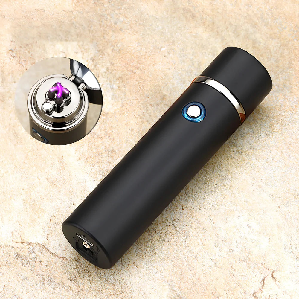 Black electric arc lighter pipe with four-headed windproof design and USB charging port