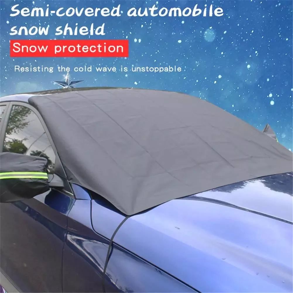 Car windshield snow cover 210x120cm black and silver waterproof polyester taffeta with reflective warning bar and four magnets