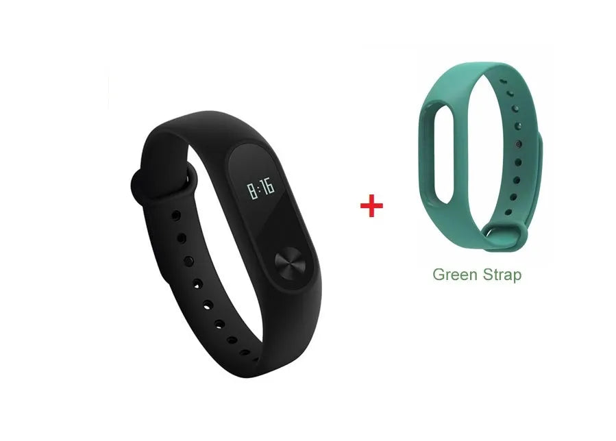 Xiaomi Mi Band 2 black fitness tracker with OLED display showing heart rate and time on adjustable wrist strap
