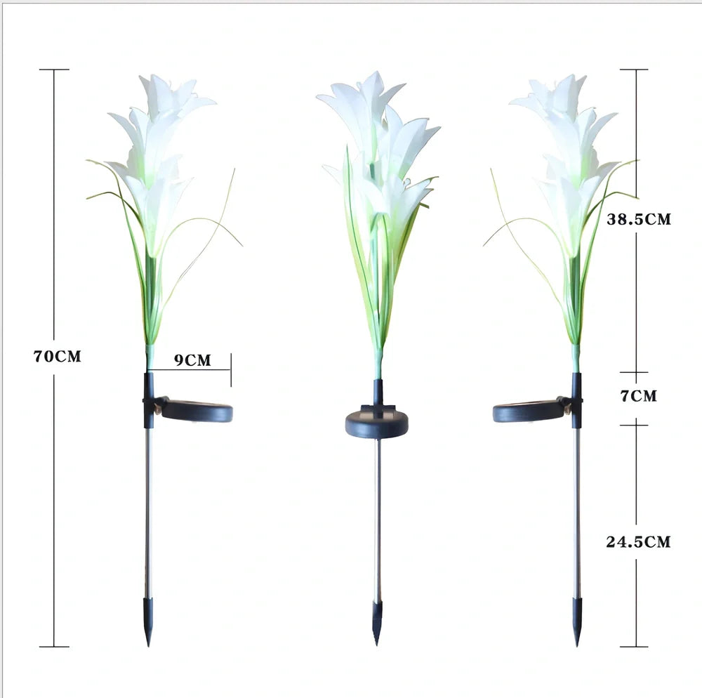 Solar-powered garden light with lily shape and LED bulbs in outdoor setting