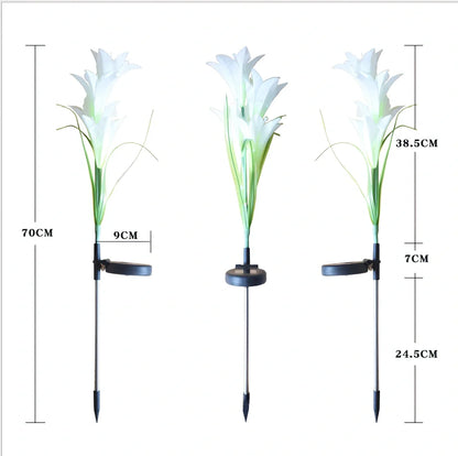 Solar-powered garden light with lily shape and LED bulbs in outdoor setting