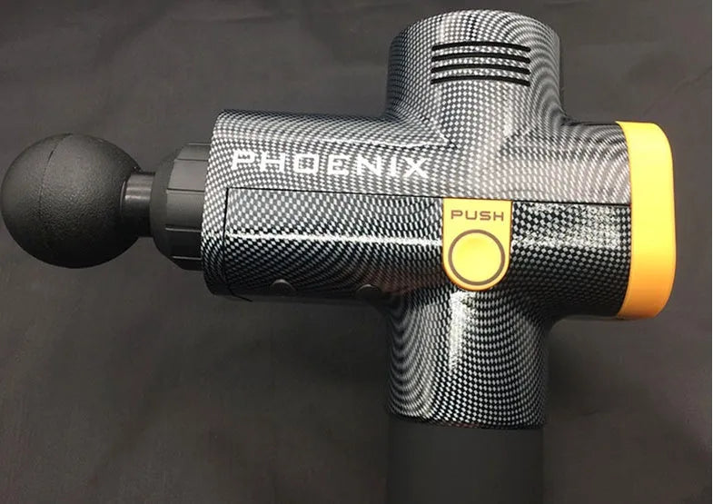 Black fascia massage gun with four interchangeable heads for deep tissue treatment measuring 29x28x28cm