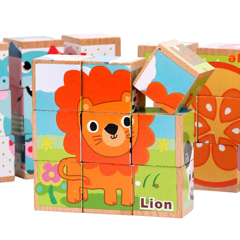 Premium 3D wooden puzzle cubes with vibrant patterns for educational and cognitive development in children