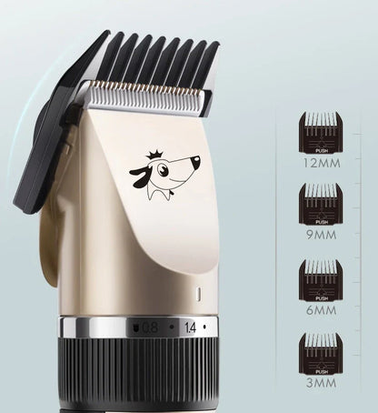 Powerful cordless pet grooming clipper with 5 adjustable speed settings, titanium-ceramic blade, and up to 2 hours of runtime