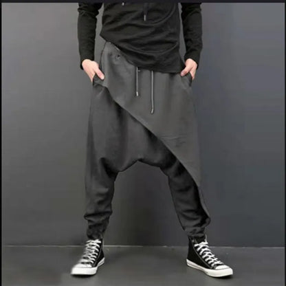Loose harem pants in black, grey, and light grey cotton with drop crotch and baggy fit