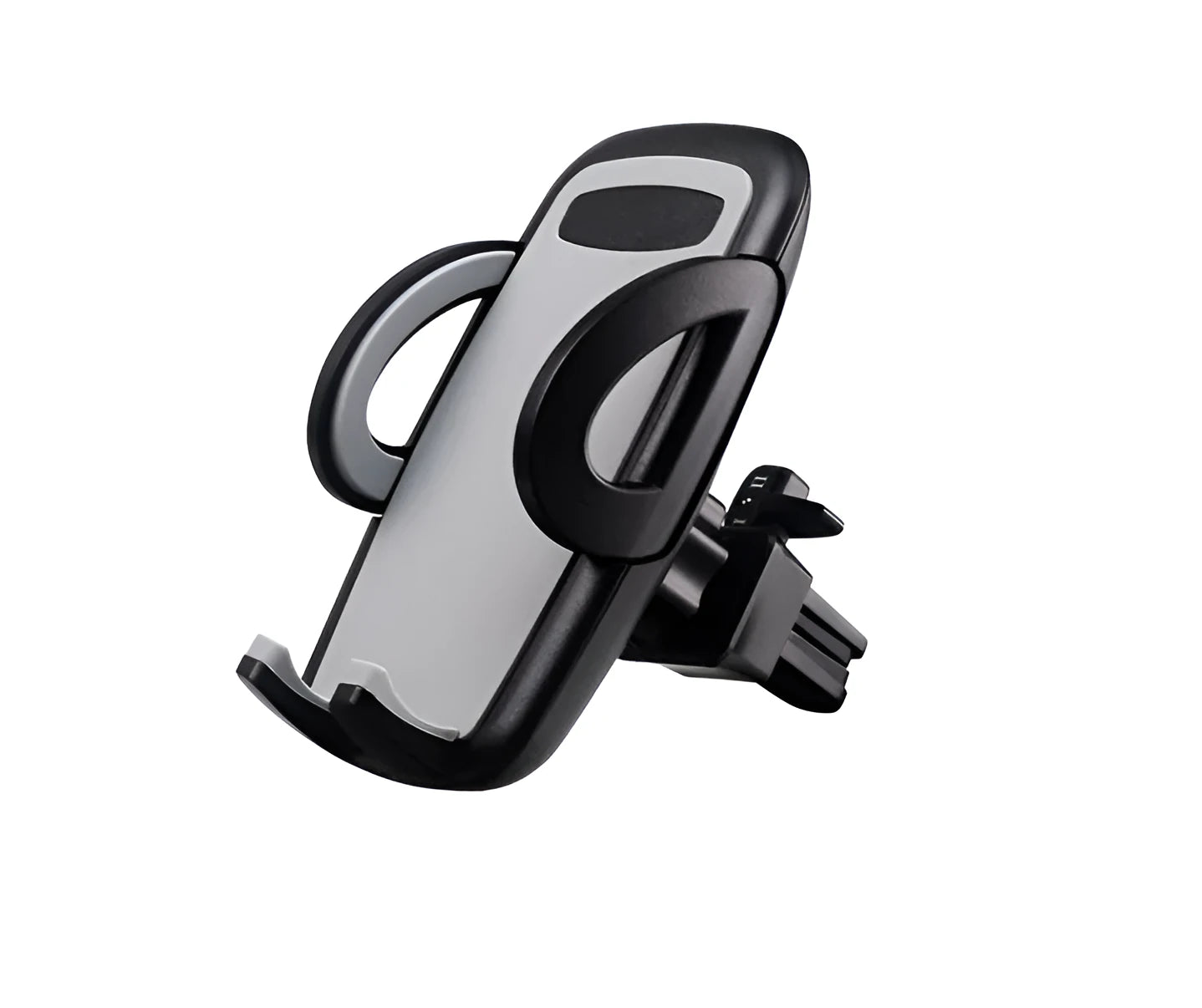 Black plastic mobile phone holder attached to a car air conditioning vent.
