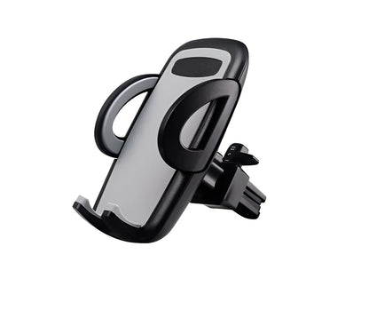 Black plastic mobile phone holder attached to a car air conditioning vent.