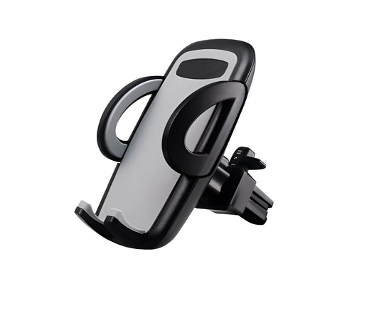 Black plastic mobile phone holder attached to a car air conditioning vent.