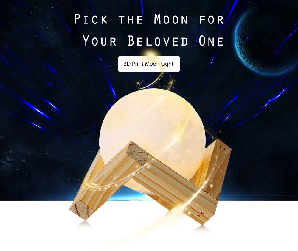 3D printed white moon lamp with detailed craters on a wooden stand, glowing with warm yellow light.