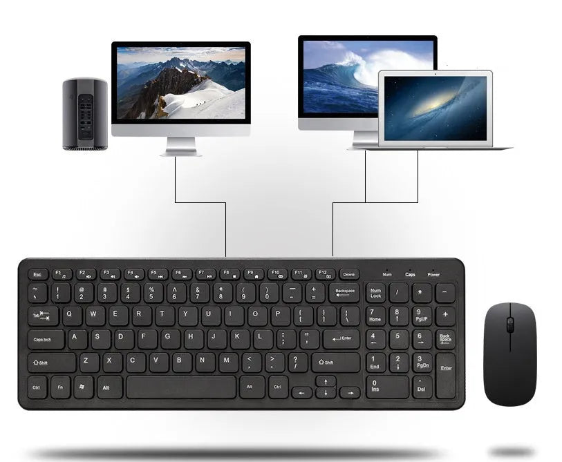 Black wireless keyboard and mouse set on a desk showing 96-key layout and compact mouse.