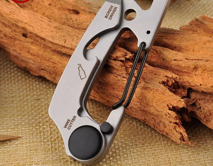 Stainless steel multi-function keychain with geometric gadgets including screwdrivers and hex wrenches