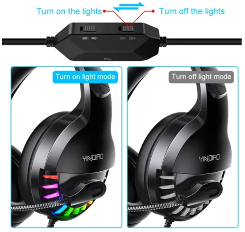 Black wired over-ear gaming headset with microphone and inline volume control on the cable.