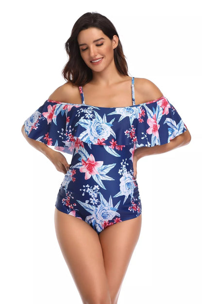 Blue printed maternity swimsuit with stretch polyester fabric for expectant mothers