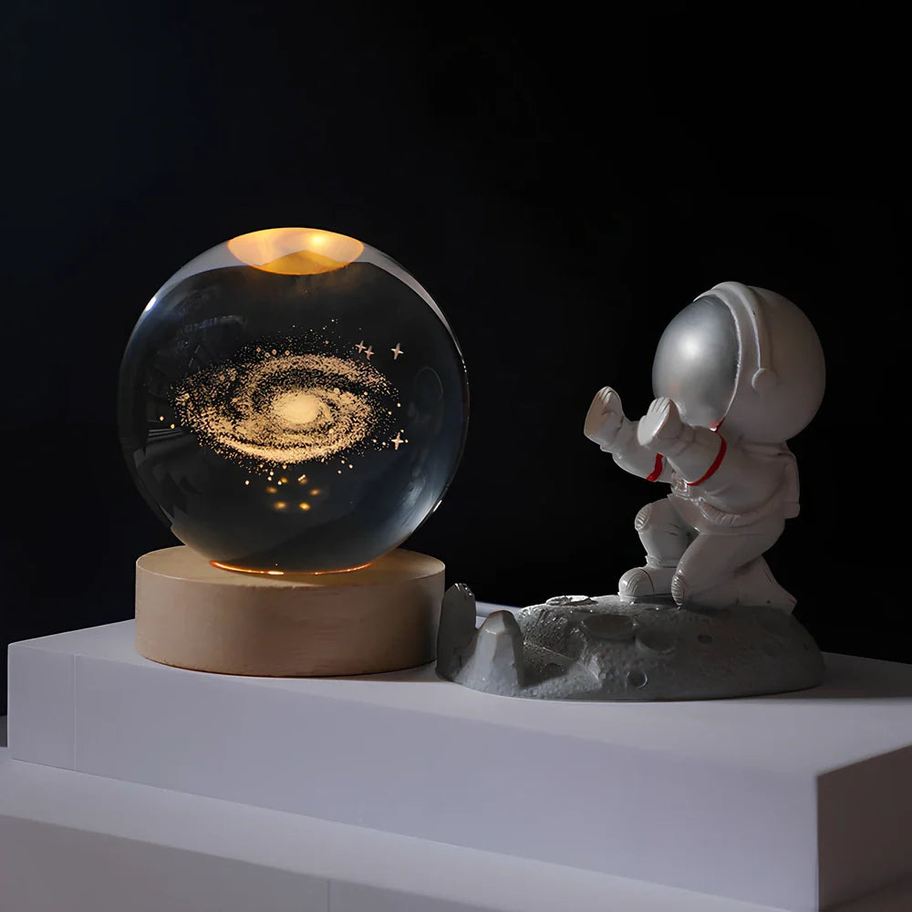 Cosmos Series 8cm crystal ball night light on wooden base with astronaut pusher projecting Milky Way pattern