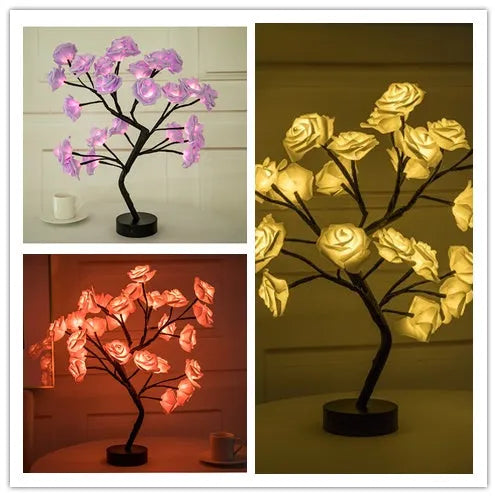 White and red rose flower LED lamp on a bonsai tree stand with warm white lights.