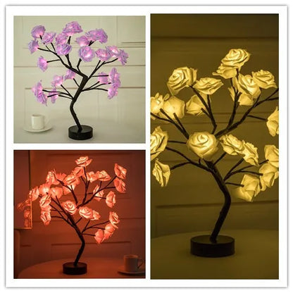 White and red rose flower LED lamp on a bonsai tree stand with warm white lights.