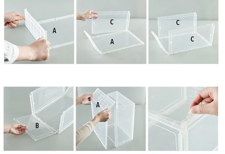 Foldable PP sneaker storage box with cover, internal size 32.5x23x17.5cm, black or transparent, stackable shoe organiser