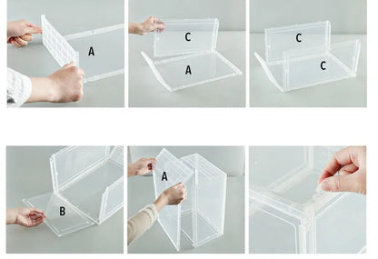 Foldable PP sneaker storage box with cover, internal size 32.5x23x17.5cm, black or transparent, stackable shoe organiser