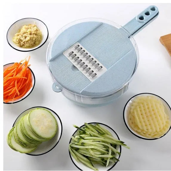 Blue 8-in-1 mandoline slicer set with stainless steel blades, hand guard and kitchen tools