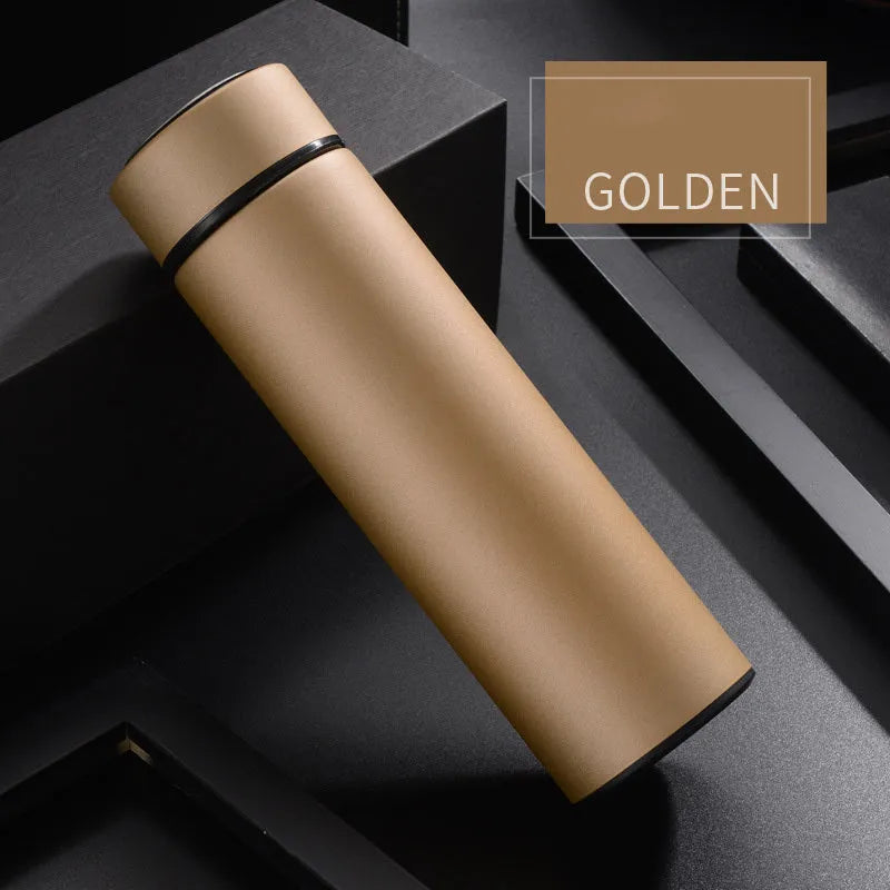Stainless steel water bottle with double-wall vacuum insulation, shown in black, red, gold, and blue colour options.