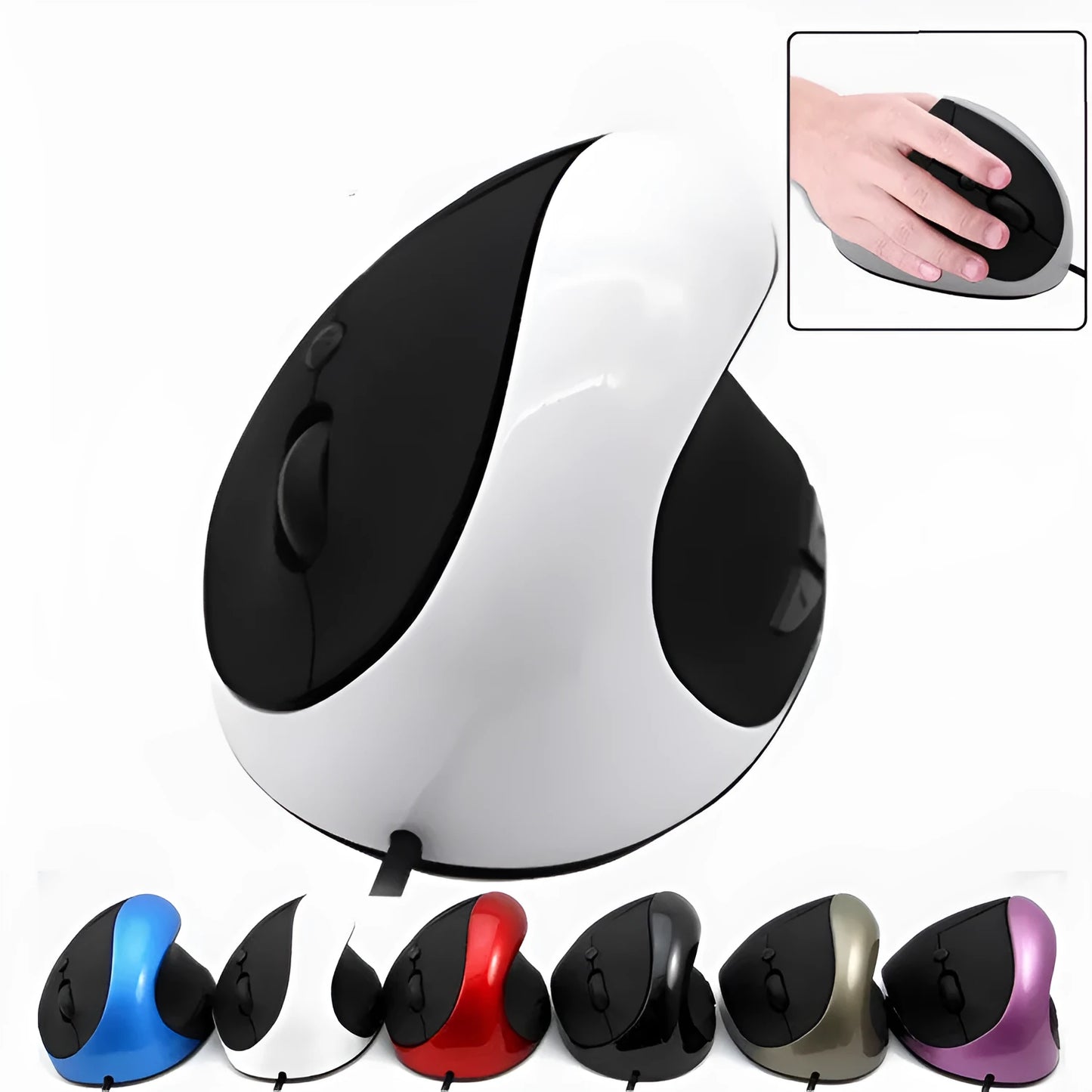 Ergonomic vertical wired computer mouse in black colour showing side profile