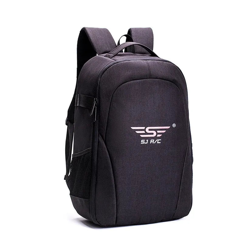 Black Oxford cloth waterproof backpack open to show internal camera, laptop, and organiser pockets