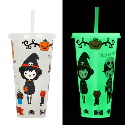 720ml plastic sippy cup with luminous straw showing cylindrical shape and Halloween colours