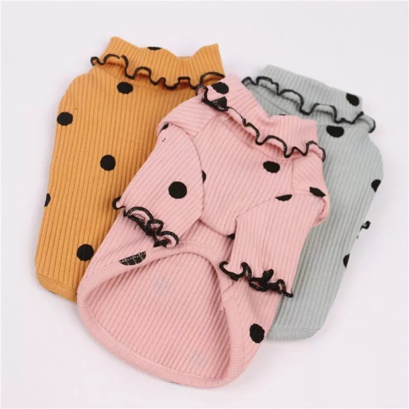 Polka dot turtleneck dog shirt in cotton, available in yellow, pink, and green