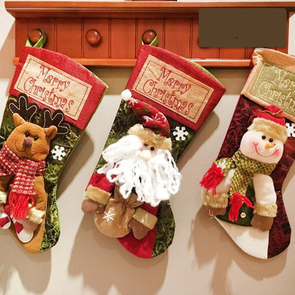 Festive Burlap Christmas Stockings with 3D Appliqué Designs of Santa, Snowmen, and Elk